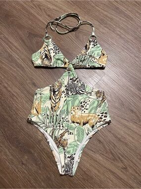 aerie Green & Tan Tropical Animal Monokini One-Piece Swimsuit